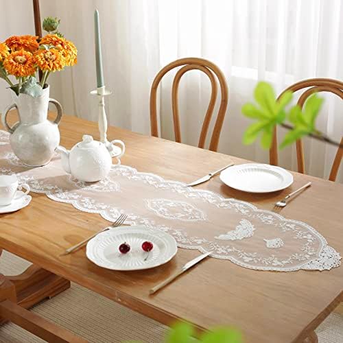 White Lace Table Runner with Flower Embroidery 12x59