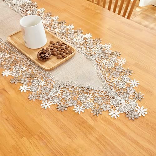 Natural Neutral Earth Tones Beige Floral Lace Table Runner 36 Inches Long