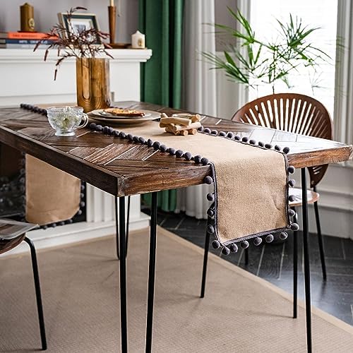 Cozomiz Linen Table Runner with Pompoms Decor