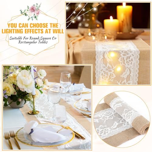 Xinnun 6 Pack Burlap Table Runner with LED Lights