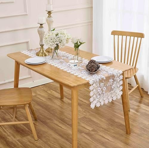 White Floral Lace Table Runner 72 Inches for Kitchen Wedding Party