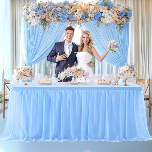 Tao-Ge Baby Blue Tulle Tablecloth for 6ft Rectangle Tables