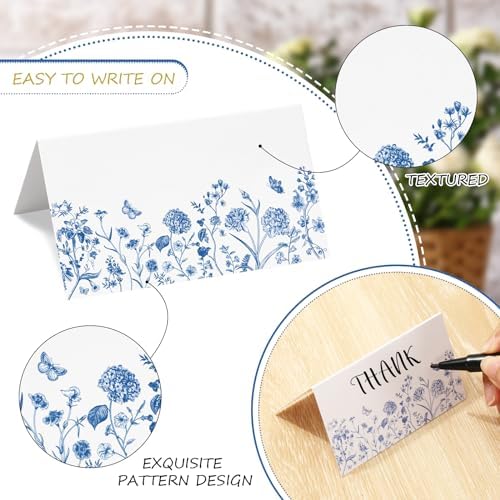 Whaline 100 Pcs Blue Floral Place Cards