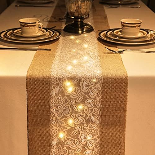 Xinnun 6 Pack Burlap Table Runner with LED String Lights