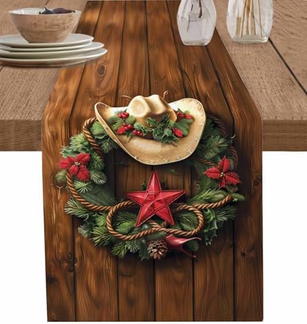 Christmas Western Cowboy Hat Farm Star Garland Table Runner 108 Inch