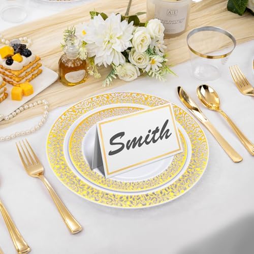 GeeRic 50 Pcs Foldable Place Cards with Gold Foil Border