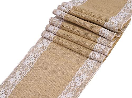 MDS 5 Piece Natural Burlap Table Runners with White Lace