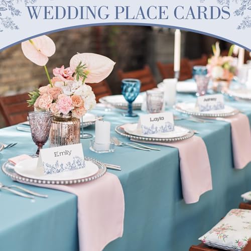100 Pcs Blue Floral Tented Place Cards Wedding Party Supplies