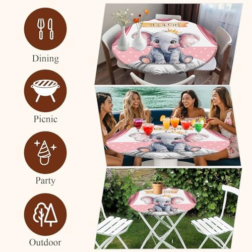Pink Elephant Tablecloth with Elastic Cover for 36-44 Inch Tables