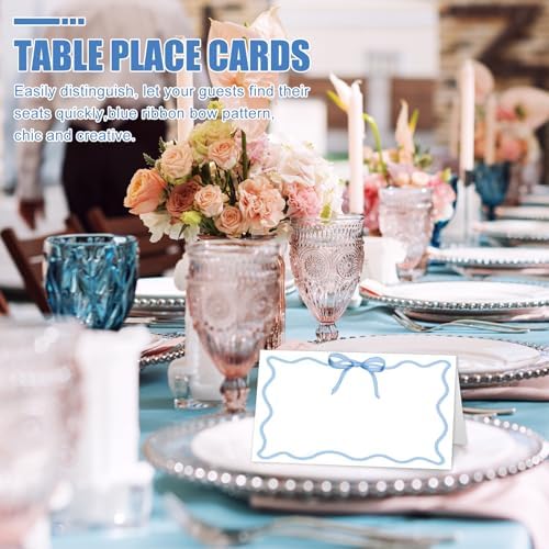 Whaline 100 Pcs Blue Bow Place Cards for Parties