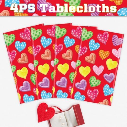 4 Pack Red Heart Tablecloths for Wedding Day 51x86in