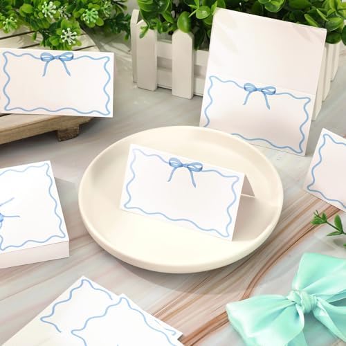 Whaline 100 Pcs Blue Bow Place Cards for Parties