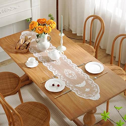 White Lace Table Runner with Flower Embroidery 12x59