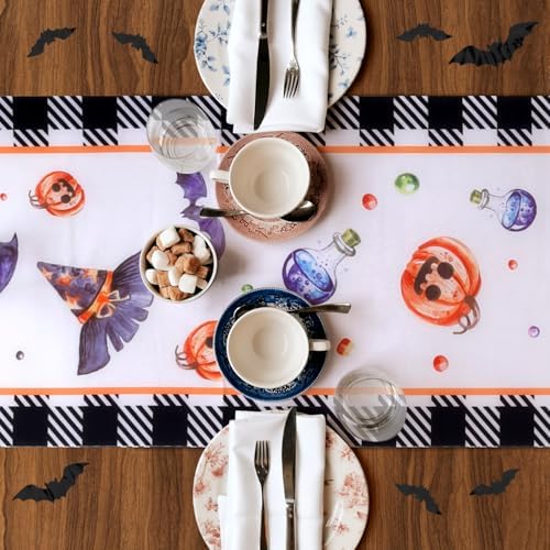 Pumpkin Witch Cat Halloween Table Runner 72x1386 Inch
