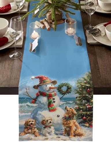 Winter Snowman Pet Dog Linen Table Runner 13x60In