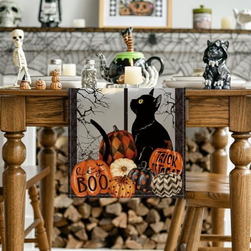 Artoid Mode Boo Black Cat Pumpkins Halloween Table Runner