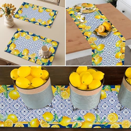 WHOMEAF Capri Blue Lemon Table Runner 13x108 Inch