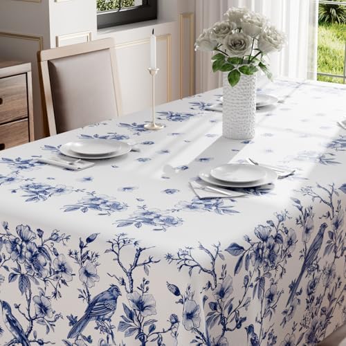 XCHI Blue and White Porcelain Birds Flowers Tablecloth 60x84 Inch