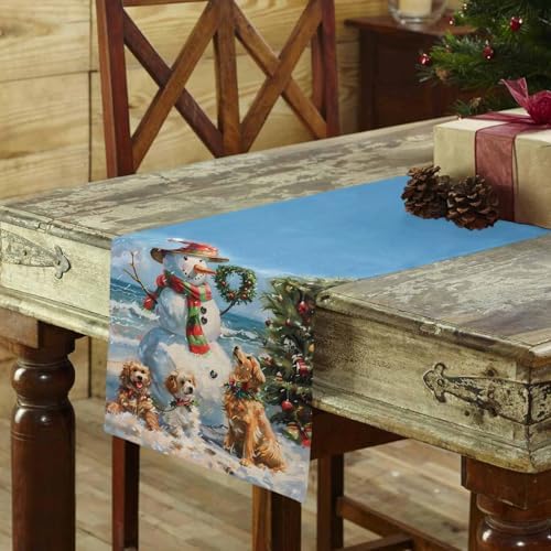 Winter Snowman Pet Dog Linen Table Runner 13x60In