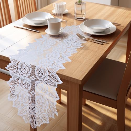 White Boho Table Runner with Lace Design