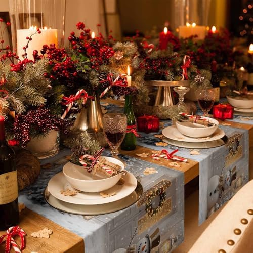 IDOWMAT Merry Xmas Snowman Pine Tree Table Runner