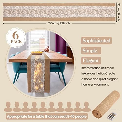 Tudomro 6 Pcs Burlap Table Runner with LED Lights 12x108 Inches