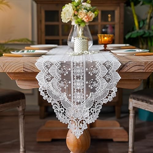 SUTAVIA White Lace Embroidery Table Runner for Home Kitchen Wedding Party