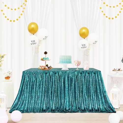 Eternal Beauty Teal Sequin Tablecloth 72x108 inch Sparkly Overlay