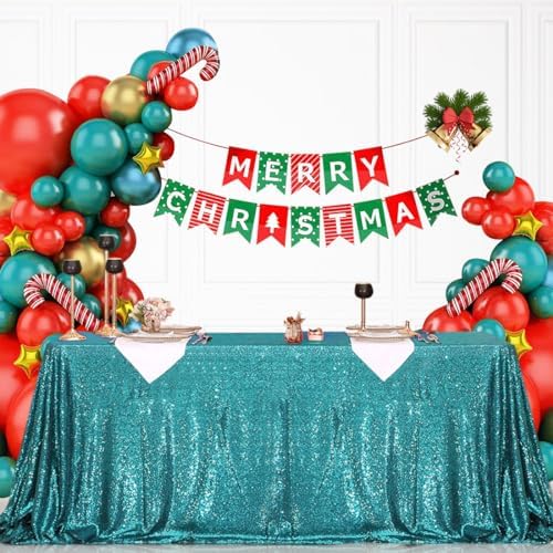 Eternal Beauty Teal Sequin Tablecloth 72x108 inch Sparkly Overlay