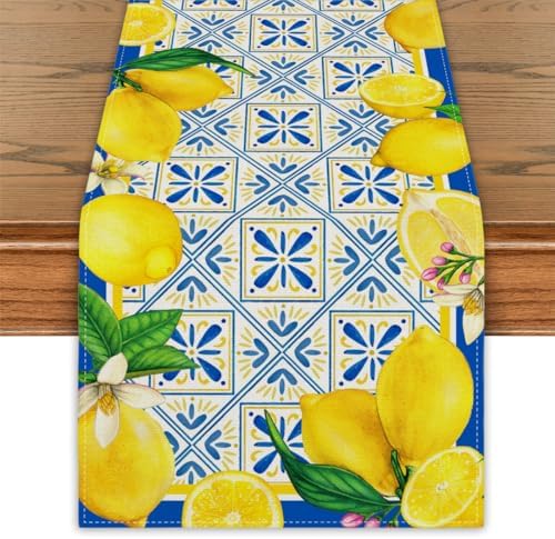Summer Lemon Table Runner with Blue Tiles Design