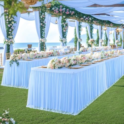 Tao-Ge Baby Blue Tulle Tablecloth for 6ft Rectangle Tables