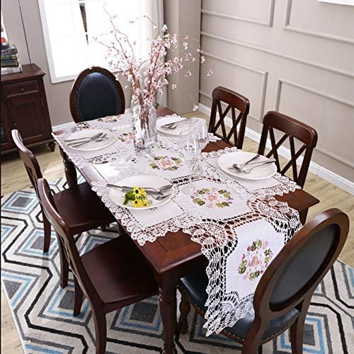Grelucgo Crochet Table Runner with Ribbon Embroidery 17x72 Inch