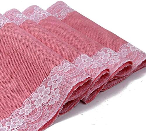 AAYU Pink Burlap Table Runner Placemat with Ivory Lace