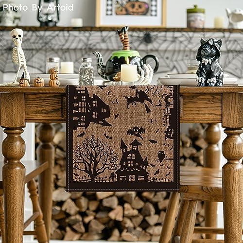 Artoid Mode Black Tan Spooky Haunted House Table Runner 13x72 Inch