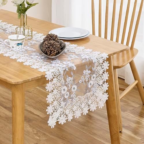 White Floral Lace Table Runner 72 Inches for Kitchen Wedding Party