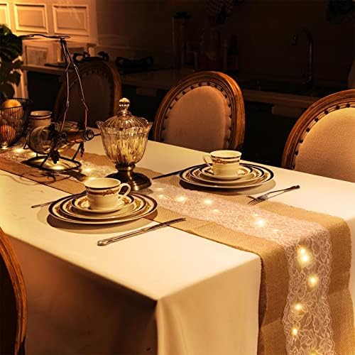 Xinnun 6 Pack Burlap Table Runner with LED String Lights