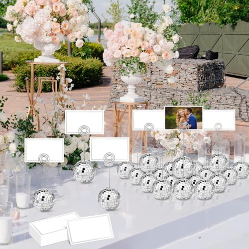 Uiifan 60 Pcs Silver Disco Ball Place Card Holders