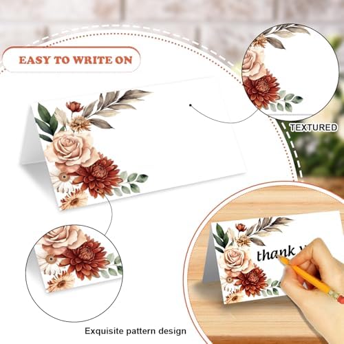 Whaline 100Pcs Fall Place Cards Retro Boho Floral Tented Name Cards