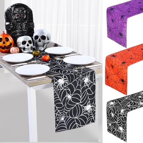 3 Pcs Halloween Table Runner Linen Cobweb Design