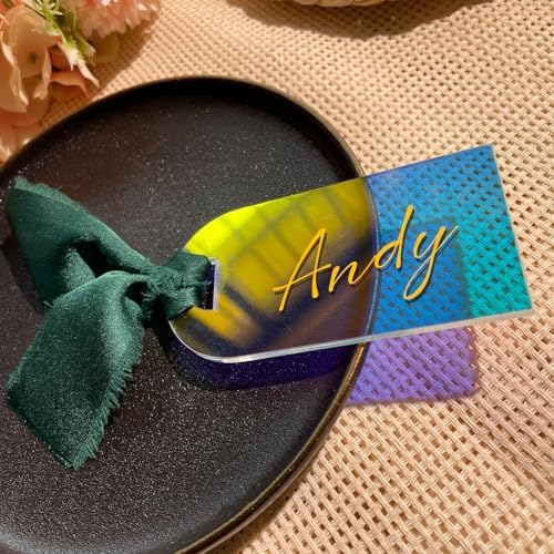 10PCS Iridescent Acrylic Place Cards with Ribbon
