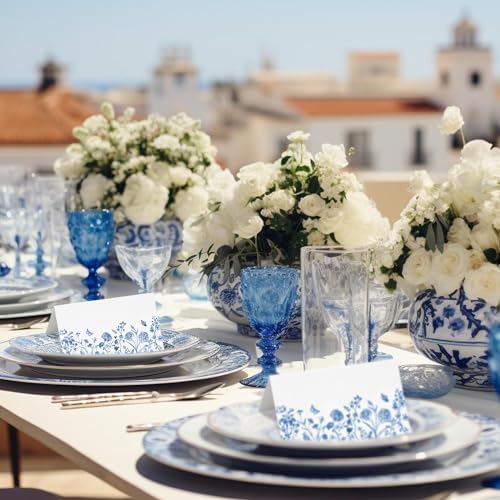 Whaline 100 Pcs Blue Floral Place Cards