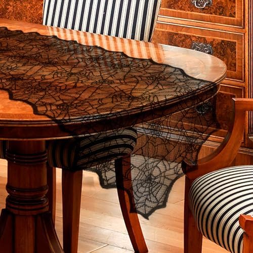 Black Lace Spider Webs Table Runner - 18x72 Inches Halloween Decor