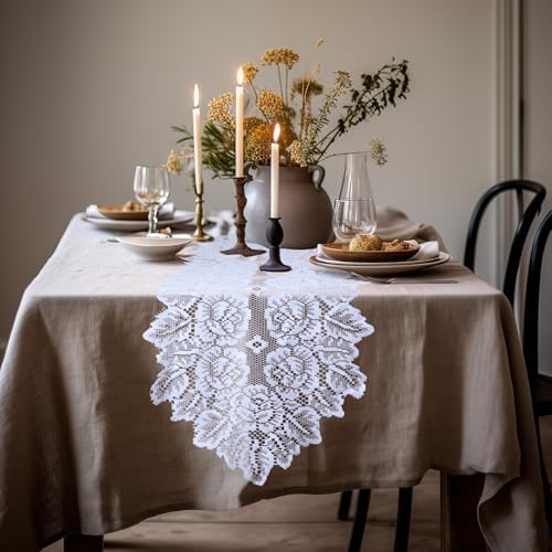 White Boho Table Runner with Lace Design