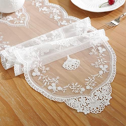 White Lace Table Runner with Flower Embroidery 12x59