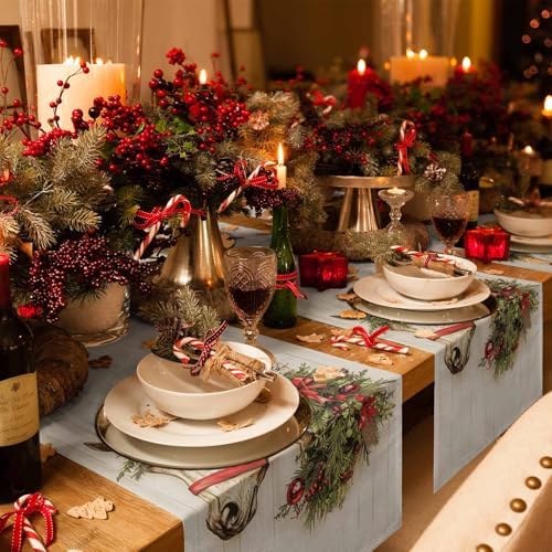 Merry Christmas Horse Garland Linen Table Runner