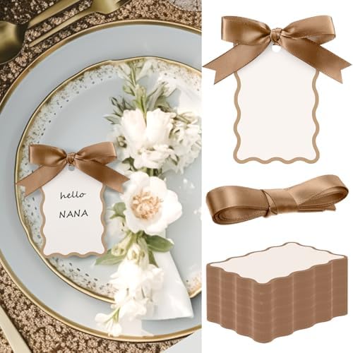 200 Pcs Scallop Name Place Cards with Ribbon for Weddings