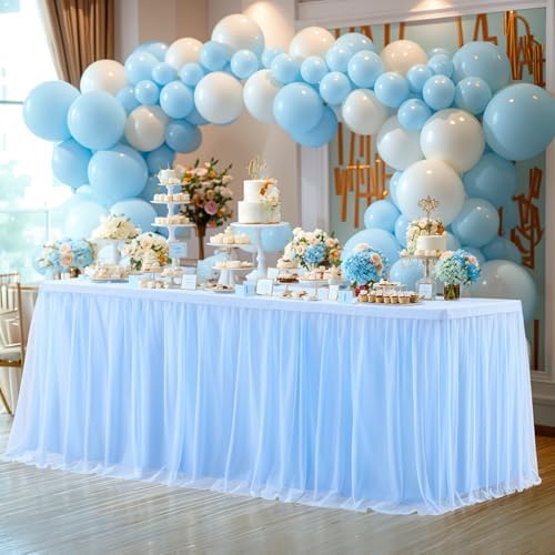 Tao-Ge Baby Blue Tulle Tablecloth for 6ft Rectangle Tables