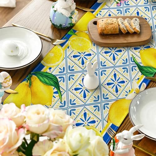 Summer Lemon Table Runner with Blue Tiles Design