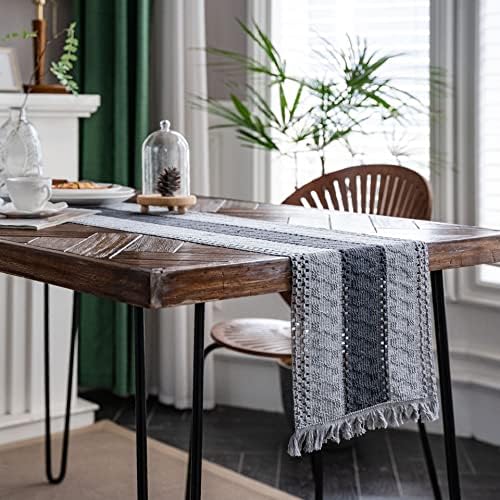 Cozomiz Crochet Linen Table Runner with Tassels 12x46 Grey Stripe