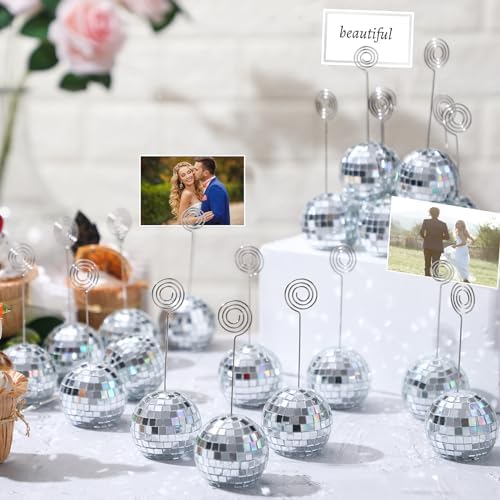 Uiifan 60 Pcs Silver Disco Ball Place Card Holders